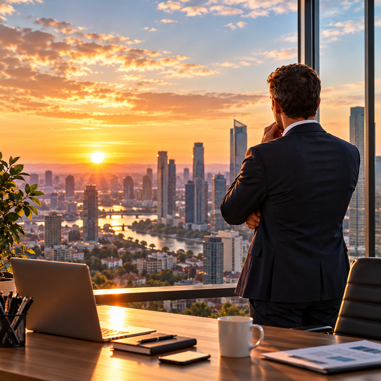 Coaching dirigeant : un dirigeant face à la ville au coucher de soleil